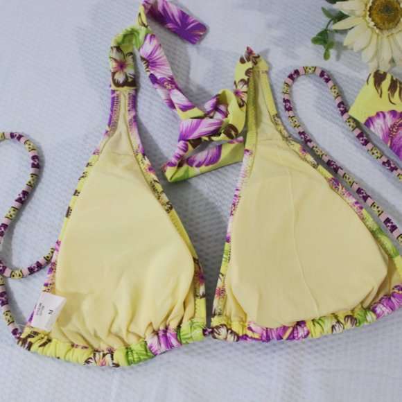 BOGO 💛 Yellow Purple Tropical Hibiscus Swimsuit Bikini Size Medium Floral - Picture 7 of 11